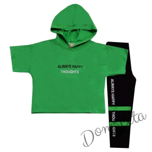 Комплект за момиче от тениска с качулка в зелено и клин в черно 1