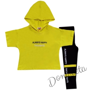 Комплект за момиче от тениска с качулка в жълто и клин 1