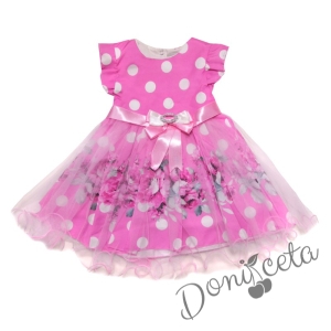 Ежедневна детска рокля с къс ръкав в розово на цветя с тюл 325641 1