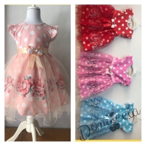 Ежедневна детска рокля с къс ръкав в розово на цветя с тюл 325641 2