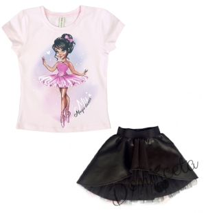 Комплект Дари от тениска в розово с балеринка и кожена пола в черно