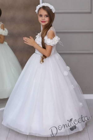 Официална дълга детска рокля Стефания с обръч в бяло с тюл и цветя