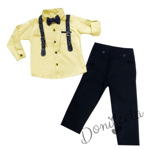 Комплект от панталон в тъмносиньо, риза в жълто, папийонка и тиранти 