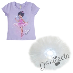 Комплект от тениска в лилаво с балеринка и туту пола пачка в бяло