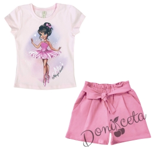 Летен комплект момиче от къси панталони в розово и тениска в розово с балеринка