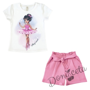 Летен комплект момиче от къси панталони в розово и тениска в бяло с балеринка 1