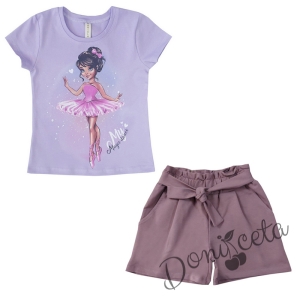 Летен комплект момиче от къси панталони и тениска в лилаво с балеринка 1