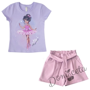 Летен комплект момиче от къси панталони в пудра и тениска в лилаво с балеринка 1