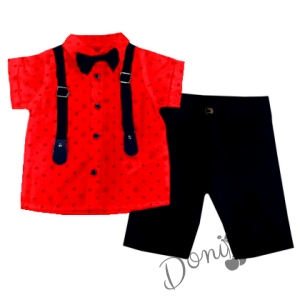 Комплект от риза в червено с къс ръкав, къси панталони, тиранти и папийонка 