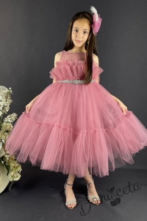 Официална детска рокля Миналия без ръкав с богат тюл в пепел от рози и панделка за коса