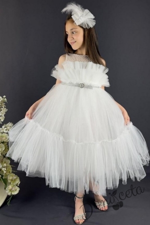 Официална детска рокля без ръкав Миналия с богат тюл в бяло и панделка за коса 1