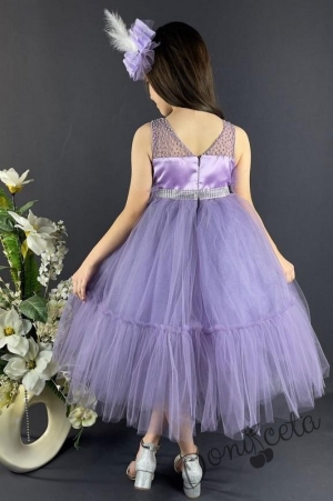 Официална детска рокля без ръкав с богат тюл в лилаво и панделка за коса Миналия 2