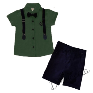 Комплект от риза в зелено с къс ръкав, къси панталони, тиранти и папийонка 