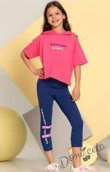 Комплект за момиче от тениска с качулка в розово и клин в черно 2