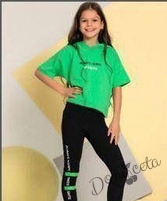 Комплект за момиче от тениска с качулка в зелено и клин в черно 2