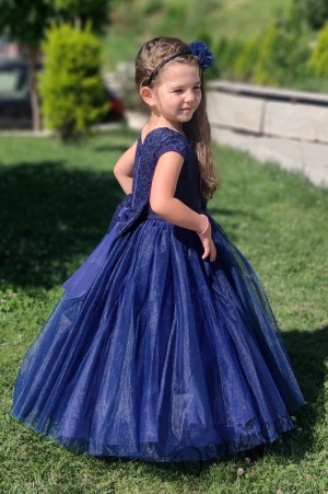 Официална дълга детска рокля от дантела и тюл в тъмносиньо 1
