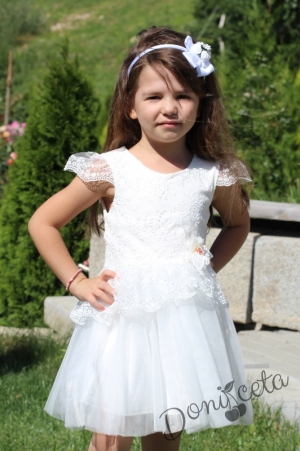 Официална детска  рокля с къс ръкав с дантела и тюл в бяло 7