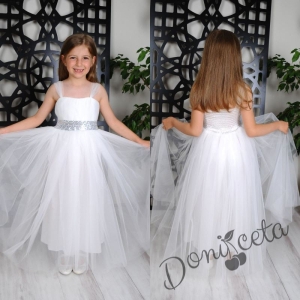 Официална детска дълга рокля Даналия без ръкав в бяло с тюл 1