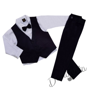Официален костюм за момче от елек, риза в бяло, панталон в тъмносиньо и папийонка