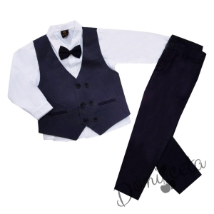 Официален костюм за момче от елек в синьо, риза в бяло, панталон и папийонка