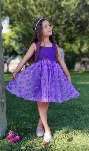 Официална детска рокля без ръкав в лилаво с 3D пеперуди 1