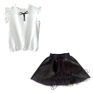 Комплект от риза с къс ръкав в бяло и пола в черно с тюл 2
