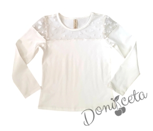 Детска блуза с дълъг ръкав  и дантела в бяло за момиче 823416