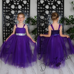 Официална детска дълга рокля Даналия без ръкав в лилаво с тюл 1
