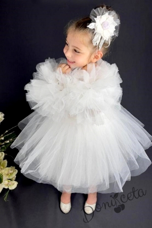 Официална детска рокля Блян без ръкав с блясък и с богат тюл в бяло