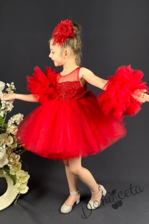 Официална детска рокля Блян с богат тюл в червено с блясък и панделка за коса