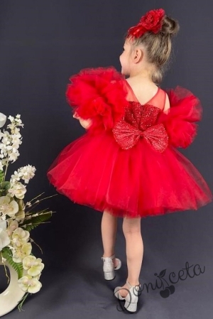 Официална детска рокля Блян с богат тюл в червено с блясък 3