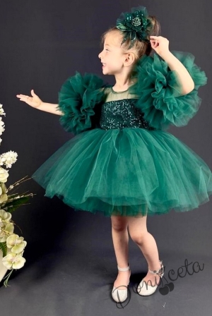 Официална детска рокля Блян с богат тюл в тъмнозелено с блясък и панделка за коса