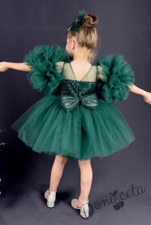 Официална детска рокля Блян с богат тюл в тъмнозелено с блясък и панделка за коса