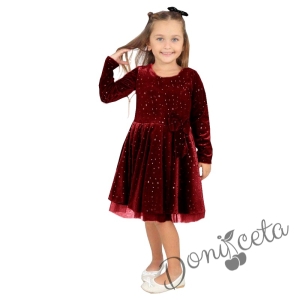 Детска рокля в бордо с дълъг ръкав със звездички в златисто 5924517