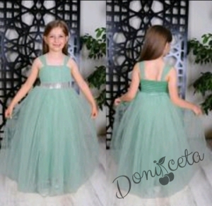 Официална детска дълга рокля Даналия без ръкав в тюркоаз/мента с тюл