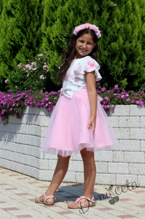 Детска официална рокля с къс ръкав на цветя и тюл в розово 5
