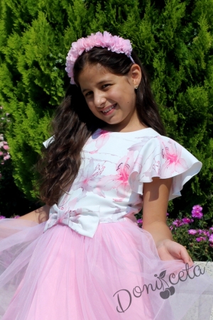 Детска официална рокля с къс ръкав на цветя и тюл в розово 5