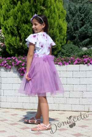 Детска официална рокля с къс ръкав на цветя и тюл в лилаво 2