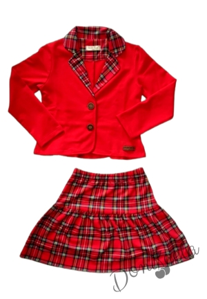 Детски комплект за момиче от пола и сако в червено каре