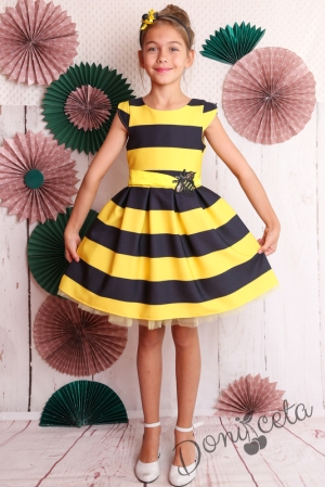 Официална детска рокля с къс ръкав в жълто и черно с пчеличка 297ПЧ
