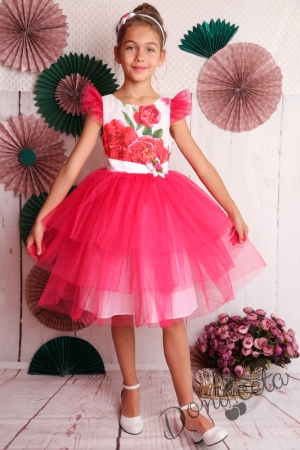 Официална детска рокля с къс ръкав на цветя с тюл 288ЦББ