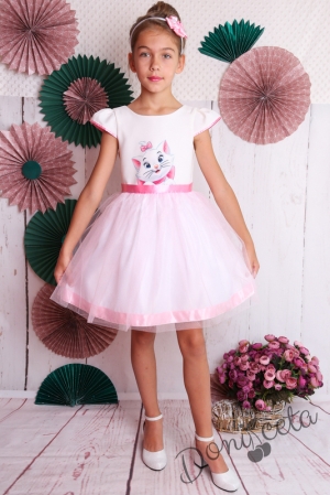 Официална детска рокля с къс ръкав в бяло с коте и тюл в розово 267БКТ