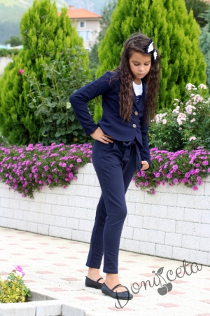 Комплект 3 части-панталон с висока талия, блуза със сърце и сако в тъмносиньо8
