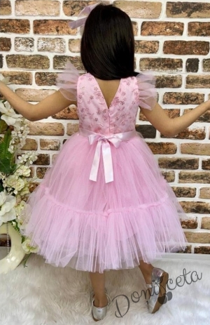 Детска рокля с къс ръкав в розово с тюл