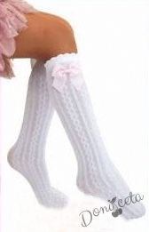Детски фигурални чорапи 3/4 в бяло с панделка в бяло