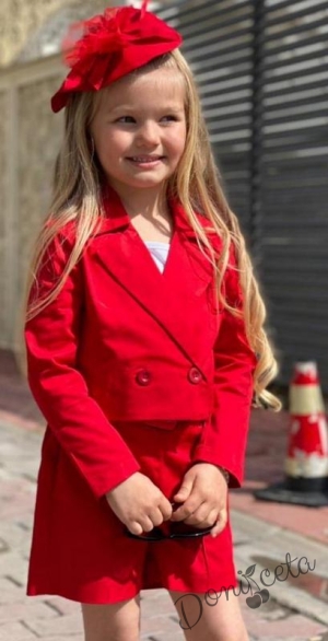 Детски комплект за момиче от къси панталони,сако и панделка в червено 2