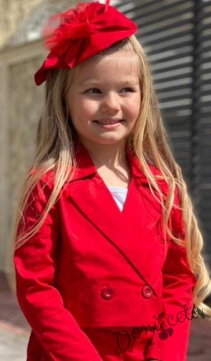 Детски комплект за момиче от къси панталони,сако и панделка в червено 3
