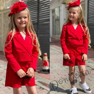 Детски комплект за момиче от къси панталони,сако и панделка в червено 4