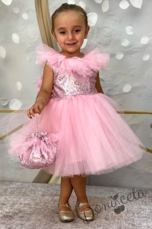 Официална детска рокля без ръкав с богат тюл и чантичка в розово
