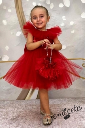 Официална детска рокля без ръкав с богат тюл и чантичка в червено